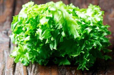 Fresh green lettuce on wooden table
