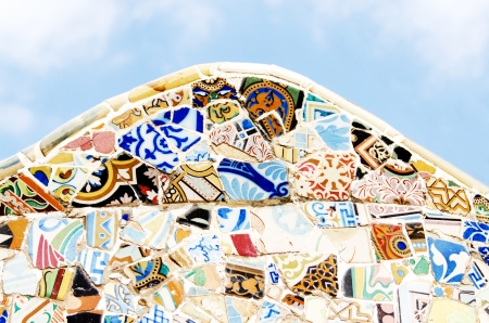Detailed fragment of ceramic wall at Park Guell, Barcelona Spainの写真素材