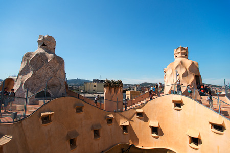 BARCELONA, SPAIN - JULY 19: Antoni Gaudi's work at the roof of Casa Mila on July 19, 2012 in Barcelona, Spain. Popularly known as La Pedrera, this modernist house was built between 1906 and 1910.のeditorial素材