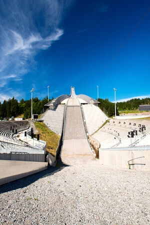 OSLO, AUGUST 19: View on Oslo from Holmenkollen ski jump hill Oslo, Norway on August 19, 2012. The hill record is unofficially held by Anders Jacobsen at 142.5 metersのeditorial素材
