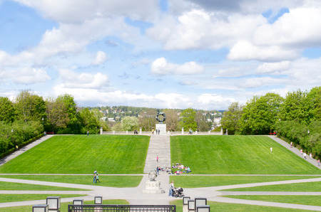 OSLO, NORWAY - SEPTEMBER 7: Statues in Vigeland park in Oslo, Norway on September 7, 2012.The park covers 80 acres and features 212 bronze and granite sculptures created by Gustav Vigeland.のeditorial素材