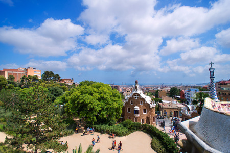 BARCELONA - JULY 13: At the park guell there are colorful mosaics seats . They all are designed by Gaudi.The vibrant colors of the tiles are breathtaking on July 13, 2012 in Barcelona, Spainのeditorial素材