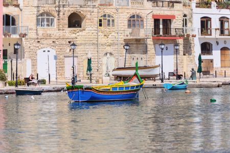 Old fishermen boat in Spinola bay at Maltaのeditorial素材