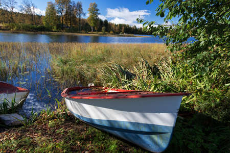 Abandoned boat near lake at Dikemark, Asker, Norwayの写真素材