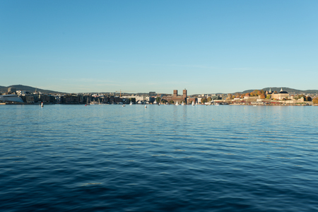 View to Oslo Radhuset (city hall) from seaの写真素材