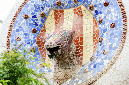 BARCELONA, SPAIN - JULY 13: Ceramic art in Park Guell on July 13, 2012 in Barcelona, Spain. It was built in 1900-14 and is part of the UNESCO World Heritage Site "Works of Antoni Gaudi".のeditorial素材