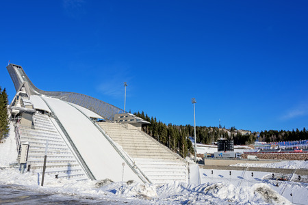 New Holmenkollen ski jump in Oslo Norway at sunny winter dayの写真素材