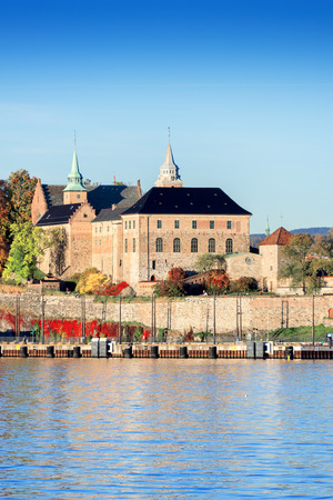 Akershus Fortress at sunset on autumn day, Oslo, Norwayのeditorial素材