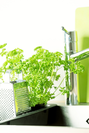 At kitchen: faucet, grater and fresh parsleyの写真素材