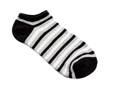 A pair of fashionable striped short socks isolated on white backgroundの写真素材