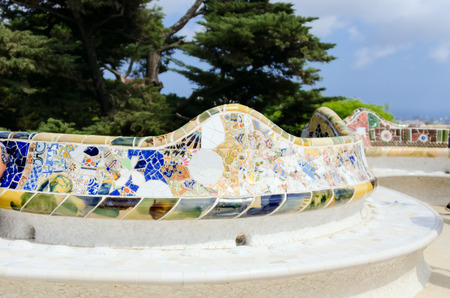 BARCELONA, SPAIN - JULY 13: Ceramic mosaic Park Guell on July 13, 2012 in Barcelona, Spain. Park Guell is the famous architectural town art designed by Antoni Gaudi and built in the years 1900 to 1914のeditorial素材