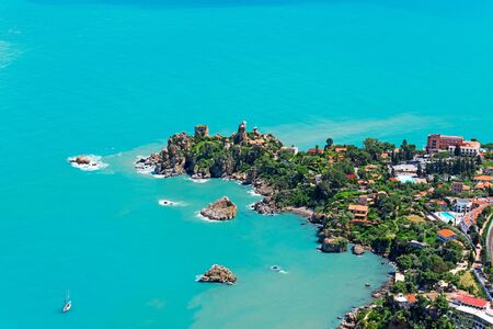 Aerial view of north Sicily coast from Cefalu, Italyの写真素材