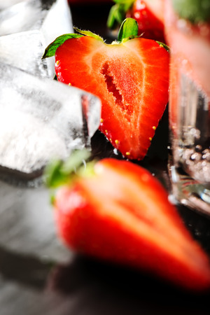 Fresh strawberry drink on dark backgroundの写真素材
