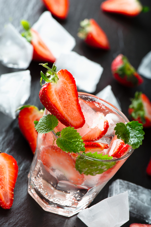 Fresh strawberry drink on dark backgroundの写真素材