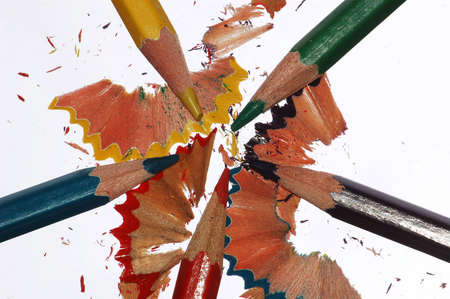 five colour  pencils and  chips on whiteの写真素材