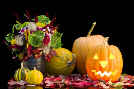 pumpkin on a Halloween party and bouquetの写真素材