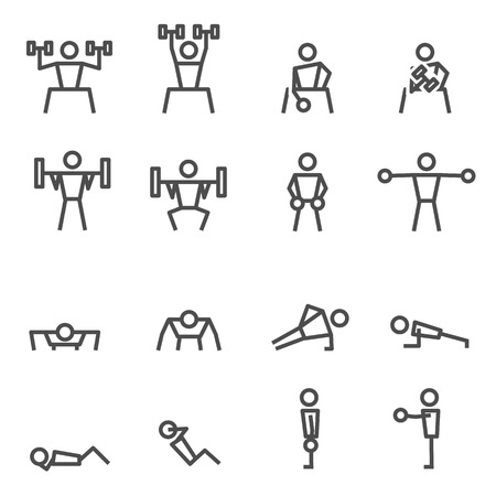 Exercise Fitness workout weight training bodybuilder in gym vector icon setのイラスト素材