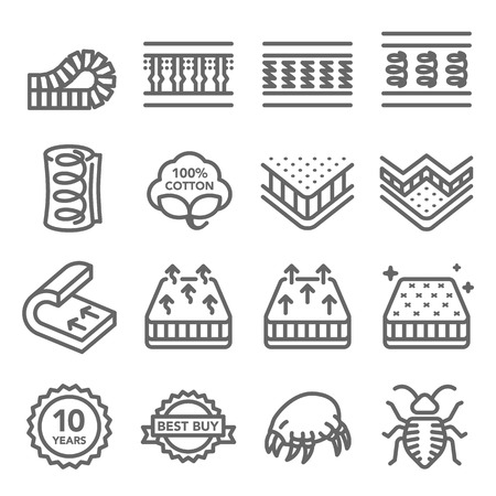 Mattress Vector Line Icon Set. Contains such Icons as Cotton, Dust mite, Bed Bug, Bed layer Inside and more. Expanded Strokeのイラスト素材