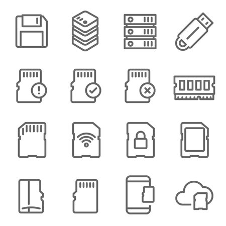 Memory Card Vector Line Icon Set. Contains such Icons as Thumb drive, Wifi SD Card, Database, Ram, Cloud and more. Expanded Strokeのイラスト素材