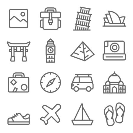 Travel Landmark Icon Set. Contains such Icons as Torii, Opera house, Taj mahal ,Big Ben and more. Expanded Strokeのイラスト素材