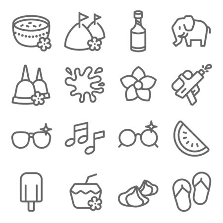 Songkran Festival set vector illustration. Contains such icon as Bangkok water festival, Coconut, Music, Water splash and more. Expanded Strokeのイラスト素材
