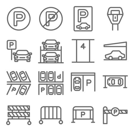 Car Parking set vector illustration. Contains such icon as Parking Gate, Roof, Automatic, Hydraulic, Barrier and more. Expanded Strokeのイラスト素材