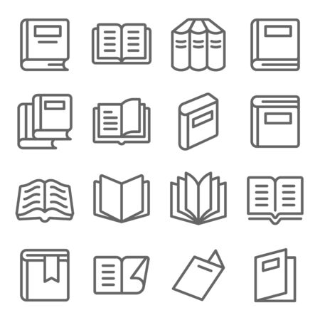 Book icons set vector illustration. Contains such icon as Open book, Bookmark, Magazine, Novel and more. Expanded Strokeのイラスト素材