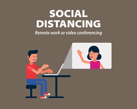Social distancing, Remote work or video call conferencing to protect from COVID-19, coronavirus infographicのイラスト素材