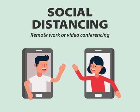 Social distancing, Work from home or Mobile video conference call protecting from COVID-19, Coronavirus vector illustration infographic flat designのイラスト素材