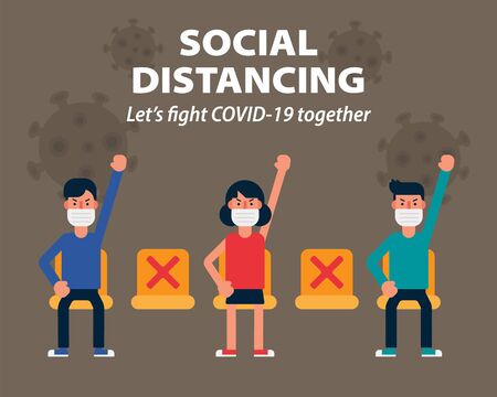 Social distancing, Sitting far apart stay safe keep distance, illustration infographic flat designのイラスト素材