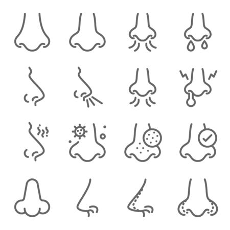 Nose icon set vector illustration. Contains such icon as Nose surgery, acne, sneeze, virus, allergy and more. Expanded Strokeのイラスト素材