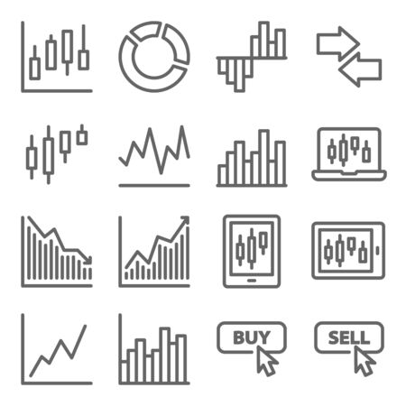 Stock trading icon set vector illustration. Contains such icon as Online trading, Buy, Sell, Portfolio, Candle, Pie chart and more. Expanded Strokeのイラスト素材