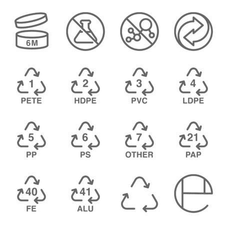 Cosmetic packaging symbol icon set vector illustration. Contains such icon as recycling, ferrum, period, plastic, After opening, laboratory and more. Expanded Strokeのイラスト素材
