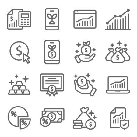 Investment symbol icon set vector illustration. Contains such icon as Gold, Portfolio, Certificate, Stock market, Growth, Finance and more. Expanded Strokeのイラスト素材