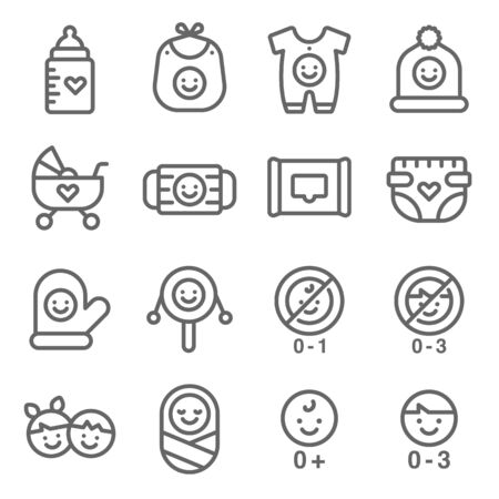 Baby symbol icon set vector illustration. Contains such icon as Baby accessories, Infant, Toy, Stroller, Diapers, pyjamas and more. Expanded Strokeのイラスト素材
