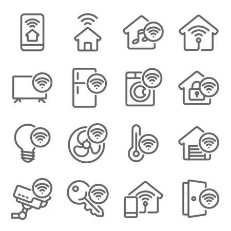 Smart Home icon set vector illustration. Contains such icon as Smart TV, Smart Light, Safety House, Temperature control, Electric Equipment and more. Expanded Strokeのイラスト素材