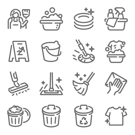 Cleaning icon set vector illustration. Contains such icon as Washing, Swipe, Cleaner, Maid, Mop, Bucket and more. Expanded Strokeのイラスト素材