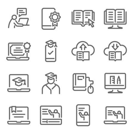 Online education icon set vector illustration. Contains such icon as e-learning, Graduate, Social distancing, Tutorial, Training, e-Book online, and more. Expanded Strokeのイラスト素材