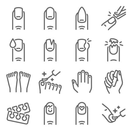 Nail manicure icon set vector illustration. Contains such icon as nail care, finger, toe separator, coat, glaze, paint, acrylic nails polish, and more. Expanded Strokeのイラスト素材