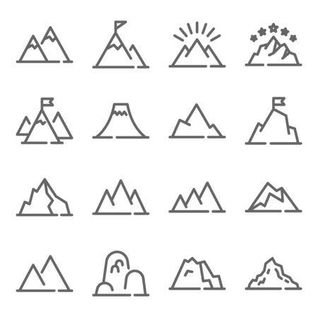 Mountain vector icon illustration set. Contains such icon as Hill, Adventure, Peak, mountain, mount, height, fell, Rocky, and more. Expanded Strokeのイラスト素材