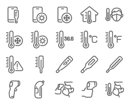 Thermometer icon set vector illustration. Contains such icon as Temperature Check, Screening, Scanning, Caution, Celsius, Fahrenheit and more. Expanded Strokeのイラスト素材