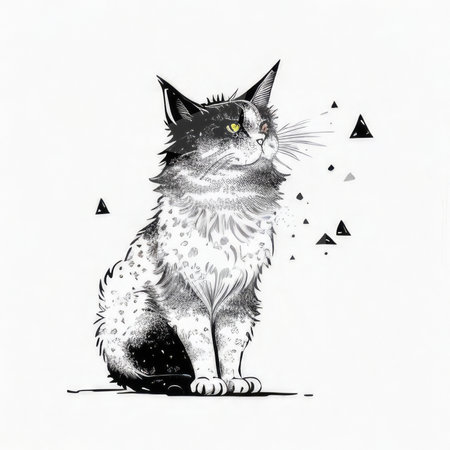 Cat vector t-shirt design, minimalist ink drawing style, vanishing points on white paper, generation AI.の素材
