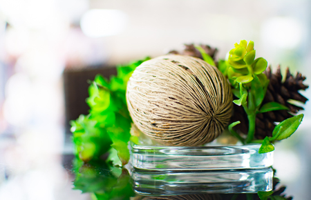 A local decorative item and flower for decoration was placed on a glass table in a cafÃ© or coffee shop. It was made from natural materials.の写真素材