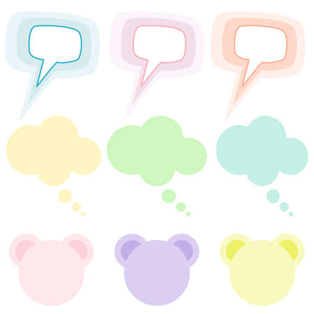 Text frame set. Texting input box or blank template. Round and bear frame, rectangular label and cloud with quotation mark. Design in pastel colors. Creative vector, illustration.のイラスト素材