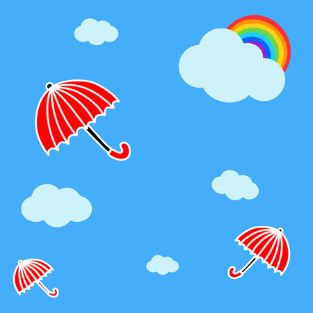 Red umbrella, clouds and rainbow in the blue sky background. Creative with cartoon style  hand drawn, flat design vector illustrationのイラスト素材