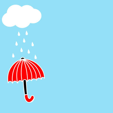 Red umbrella, clouds and rain in the blue sky with copy space. Creative with cartoon style  hand drawn, flat design vector illustrationのイラスト素材