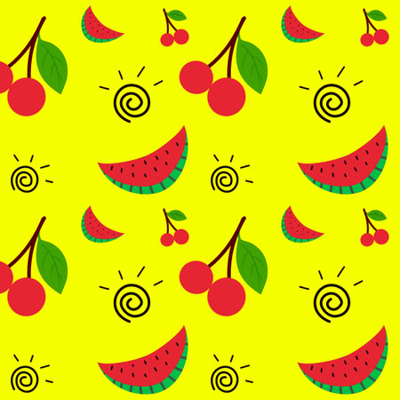 Watermelon slices and Cherry on yellow background. vector seamless pattern. Creative with cartoon style  hand drawn, flat design vector illustrationのイラスト素材