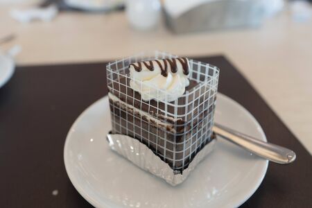 A piece of tasty chocolate cake with cream on white dishの写真素材
