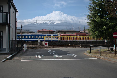 Yamanashi Prefecture, Japan - April 08 2018 - Train passing, Mount Fuji in the backgroundのeditorial素材