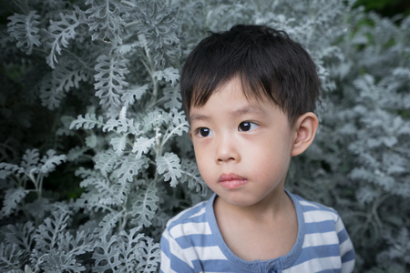 A sad boy is standing among the leaf.の写真素材